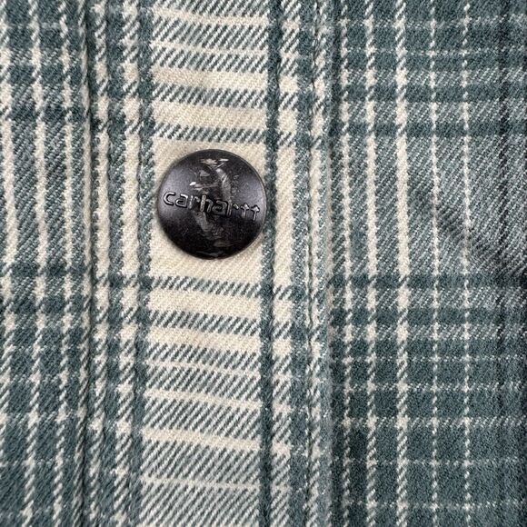 Carhartt Women's Jacket Large Fleece Lined Sherpa Flannel Snap Plaid Green - Picture 3 of 10